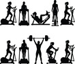 © Monir Worlds - Silhouettes of women exercising on gym equipment on white background Keywords: fitness, exercise, workout, gym, woman, silhouette