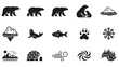 © Melin - Arctic Animals and Symbols Icons: A comprehensive set of black and white icons representing arctic animals and symbols. Featuring polar bear, ice, seal, fish, paw print, snowflake, mountain, igloo.