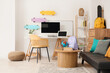 © Pixel-Shot - Interior of teenager's room with workplace, couch and shelf unit