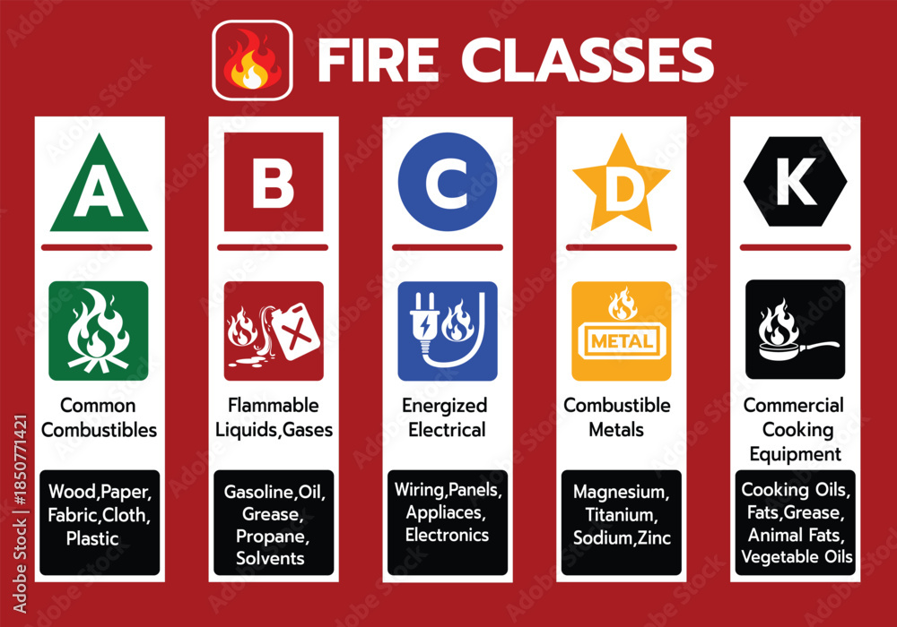 Illustrated fire classes chart showing Class A, B, C, D, and K fires ...