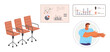 © robu_s - Office chairs arranged in a row, data charts displaying analytical trends, and a person gesturing interaction. Ideal for teamwork, meetings, brainstorming, workspace, analytics, collaboration