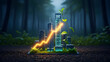 © Ahmed - Smart city model with a rising arrow and a plant growing out of it on soil.