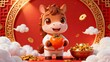 © ba - A cheerful cartoon horse dressed in traditional attire holds a persimmon surrounded by golden coins and ingots against a vibrant red backdrop with cloud motifs.