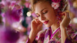 © Laura - Close-up adjusting traditional obi sash, delicate makeup and ornaments in focus, blurred swirling blossoms, cinematic elegance, defocused background, with copy space