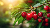 Glossy red cherries on branch, sunlit leaves, serene summer orchard, fresh fruit, seasonal harvest photography, with copy space