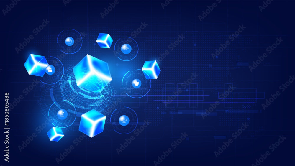 Technology blockchain and cybersecurity concept with glowing blue cubes ...