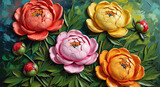 Oil Painting of Colorful Peony Flowers and Buds 3D Wallpaper for cover, mural wall art, invitation, poster, canvas print, wall decor painting design