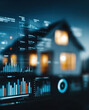 © sam richter - Glowing real estate analytics dashboard overlays a modern suburban house at night.