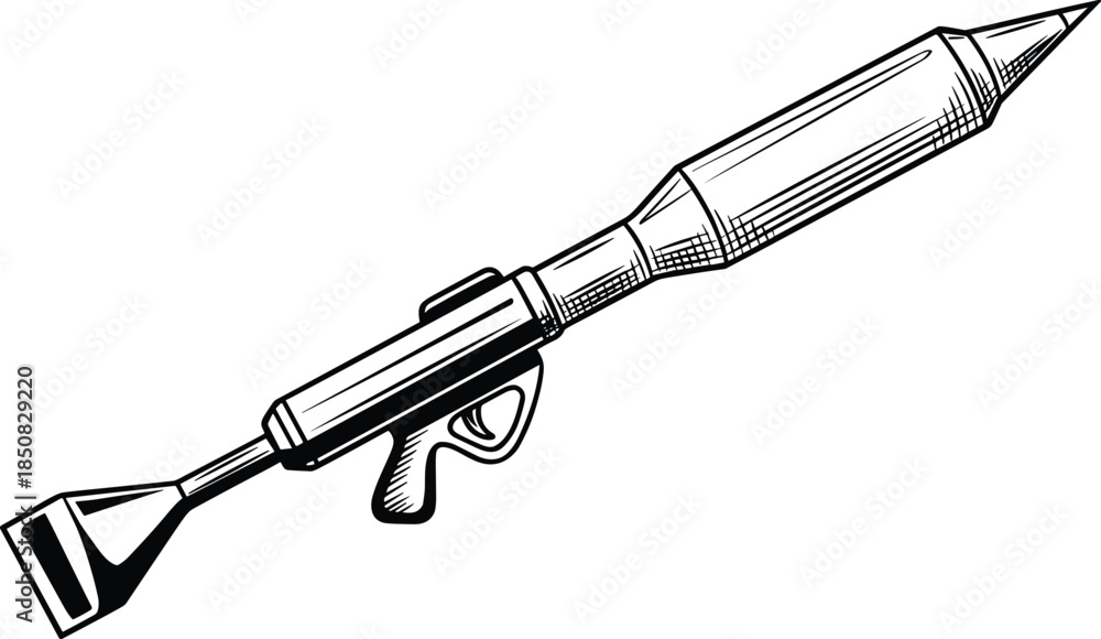 Hand-drawn sketch of a rocket launcher with hatching details weapon military