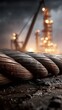 © 123sasha - Close view of coiled rope on ground with industrial setting in background during dusk hours showing machinery and lights