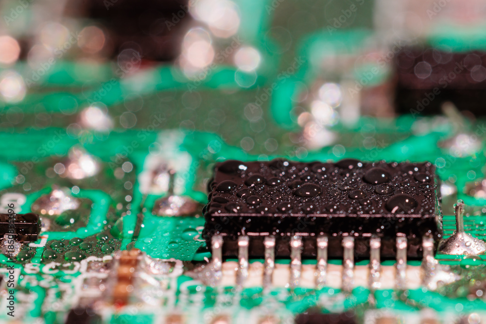 Electronic chip covered with water droplets on a circuit board, macro ...