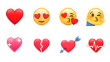 Heart emoji collection, 8 romantic icons set, red love symbols and yellow emoticons on white