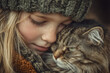 © Thanthara - Emotional close up portrait of child wearing knitted hat and scarf gently cuddling fluffy tabby cat, showing warmth and affection in soft natural light setting