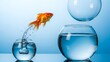 © sultan - Goldfish leaping from small fishbowl to large fishbowl representing new opportunities