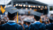 © Maksym - Graduation ceremony with multiple students in caps and gowns, shallow depth of field isolating foreground figures, blurred crowd and banners in background, cinematic academic atmos