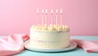 © shanocreatives - 'White frosted birthday cake with nine colorful lit candles on pink background.'