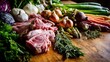 © Justlight - Medium shot featuring pastureraised pork chops and ribs laid out with fresh herbs and vegetables on a wooden counter highlighting farmtotable authenticity