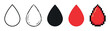 © David - Collection of five droplet icons in various artistic styles including a simple outline, hand-drawn sketch, solid black silhouette, flat red shape, and a retro 8-bit pixel art version