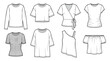 © David - Eight different women's fashion tops technical flat sketches illustrating various styles and silhouettes for clothing design templates, presented in a clean, professional line art drawing