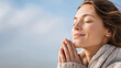 © Denis Yevtekhov - Faceless thankful person meditating opening eye to sky with hope and faith smiling in contemplation, spiritual reflection, grateful prayer, defocused face in peaceful moment, with
