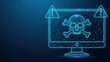 © Moon Guy - A glowing blue computer monitor displays a skull and crossbones symbol with a warning triangle indicating a digital threat or virus alert on its screen