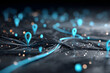 © Prasanth - Glowing navigation path with blue location pins on dark abstract background illustrating travel or digital route planning concept in 3D Rendering. 3D Rendering