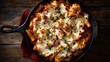 © JoaoNalio - Delicious baked ziti with melted mozzarella cheese in a cast iron skillet
