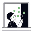 © Marina - child blows soap bubbles by window indoors