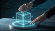 © MintEdge Studio - Hands interacting with glowing blue 3d cube on futuristic interface