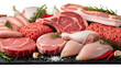© gulshan - Raw fresh meat assortment including steak, chicken, pork, and bacon isolated on white background.