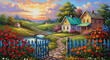 © printartist - Village Landscape Oil Painting with Blue Fence 3D relief wallpaper for mural wall art, canvas print, wall decor painting design