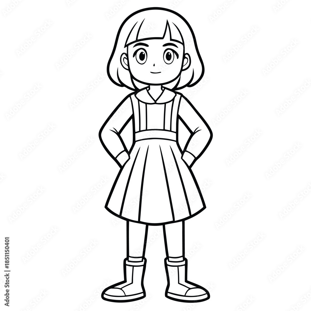 Cartoon girl in dress and boots outline child drawing