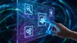 © CuteBee - A person interacts with a futuristic digital interface for business analytics, representing modern technology and innovation in the workplace.