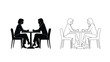 © SHM707k - Two pairs of people seated at tables in a simple black and white illustration
