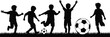 © Empowerment angle  - Children playing soccer silhouette, outdoor sports activity, teamwork motion pose, black white vector, joyful field illustration art