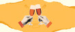 © katyaskrn - Vintage halftone-style collage of two hands clinking champagne glasses on torn paper background. Perfect for New Year, celebration, or retro-themed party designs.