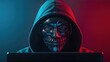 © Mariya Sorvacheva - Mysterious figure in a dark hoodie with a robotic mask, sitting in front of a glowing computer screen, representing the concept of cybercrime and telephone scammers in a digital age