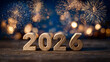 © Patryk Wolanowski - Nowy Rok 2026 z drewnianymi klockami i fajerwerkami na niebieskim tle