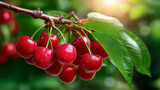 Glossy red cherries on sunlit branch, vibrant summer orchard, fresh fruit photography, natural setting, seasonal harvest, with copy space
