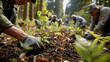 © Audrey - Volunteers are planting young trees together in a forested area, working collaboratively under a clear blue sky on a community service day.