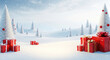 © TAMER YILMAZ - A 3D winter background featuring red gift boxes and white pine trees in a snowy landscape. New Year and Christmas-themed design.