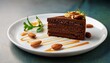 © Jason - slice of rich dark chocolate cake served on white plate with almonds herbs and caramel sauce dessert concept symbolizing indulgence sweetness homemade baking gourmet cuisine and elegant presentation