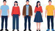 © Kupen - Group of five young adult people standing in casual clothes, two women and three men, representing diverse college students, friends, and everyday people vector illustration.