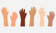 © RUHUL - Hands raised up. raised cartoon hands in various skin tones. Many arms. Unity, diversity and support, vote and multiculturalism