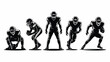 © fatimatz - Five American football player silhouettes in various game action poses and stances on white