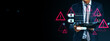 © Who is Danny - Cybersecurity warning alert with login screen interface and businessman using tablet against dark digital background with caution signs concept.