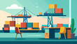© Frengki - Stylized illustration of a port with cranes, shipping containers, and an office desk and chairs