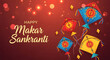 © Sapra - Happy makar sankranti greeting card with colorful kites flying on dark purple background