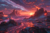 A dramatic and surreal alien landscape at sunset, featuring towering jagged rock formations and glowing molten rivers under a vibrant, swirling sky filled with purple and orange hues.