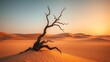 © zhou - wasteland. A single twisted tree stands in a vast desert landscape during the golden hour. travel magazines, destination branding, designed for outdoor magazines and nature guides.